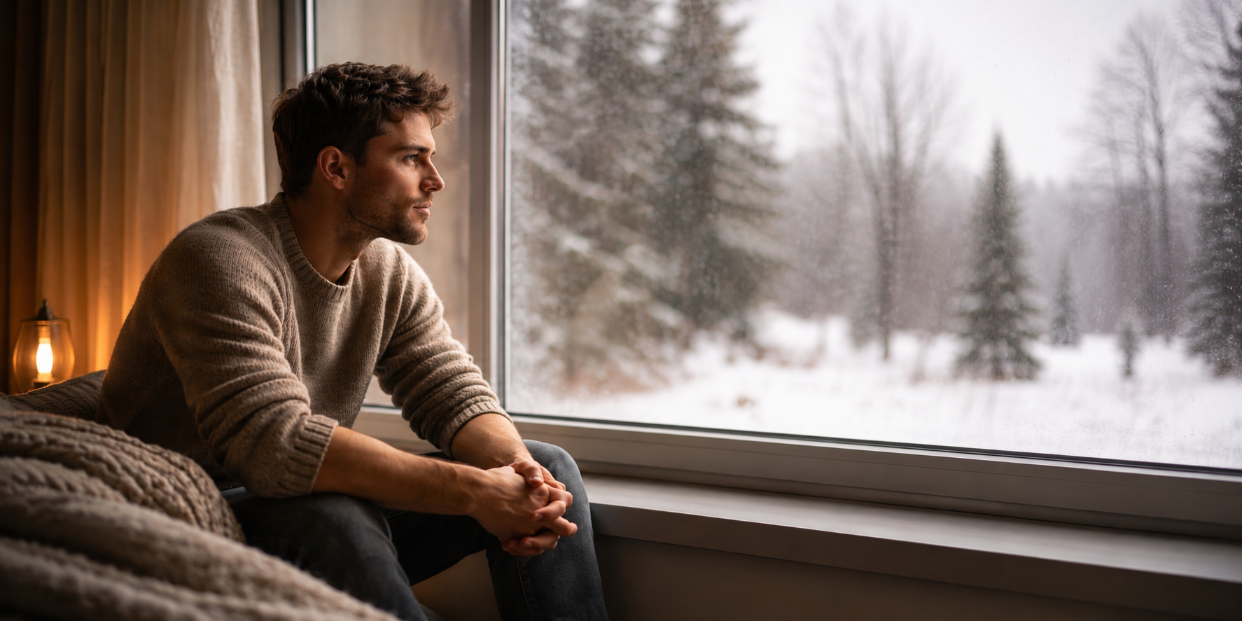 Thoughtful man by a snowy window in a warm cosy room.