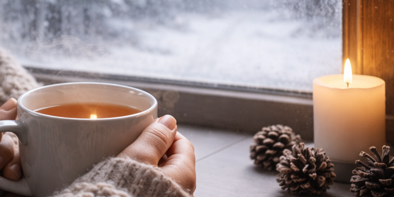 person holding warm tea by window with snow outside feeling calm in winter