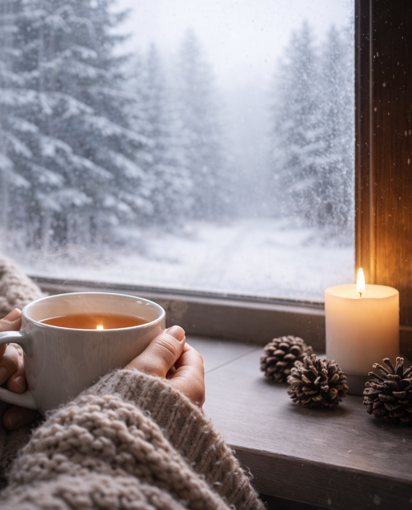 person holding warm tea by window with snow outside feeling calm in winter